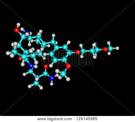 Molecular model of the antihypertensive drug Aliskiren used to treat high blood pressure. 3d illustration