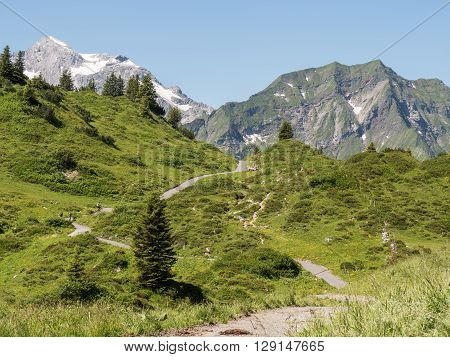 A view of Alpine mountains surrounding the village Schroecken in Bregenzerwald region Vorarlberg Austria
