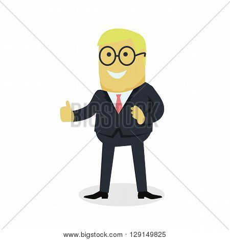 Businesman show gesture thumb up. Young successful man in glasses do business hand gesture shows good job isolated on white background. Approval of the praise and agreement. Vector illustration