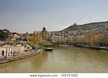 View on the Metekhi Church river Kura from Bridge of Peace Tbilisi Georgia