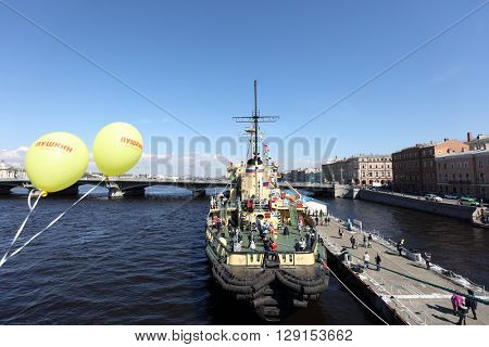 ST. PETERSBURG, RUSSIA - MAY 2, 2016: People at the oldest operating Russian icebreaker Ivan Krusenstern during 3rd Icebreaker Festival. It's unique fest dedicated to icebreaker fleet