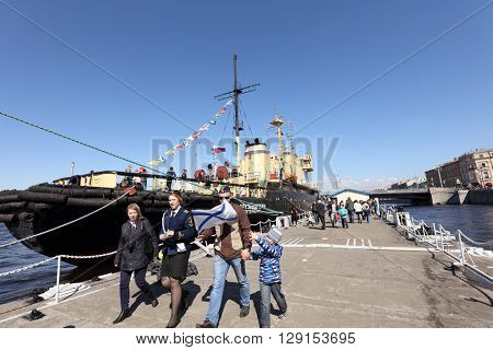 ST. PETERSBURG, RUSSIA - MAY 2, 2016: People at the oldest operating Russian icebreaker Ivan Krusenstern during 3rd Icebreaker Festival. It's unique fest dedicated to icebreaker fleet