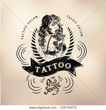 Vector tattoo studio logo templates on dark background. Cool retro styled vector emblems.