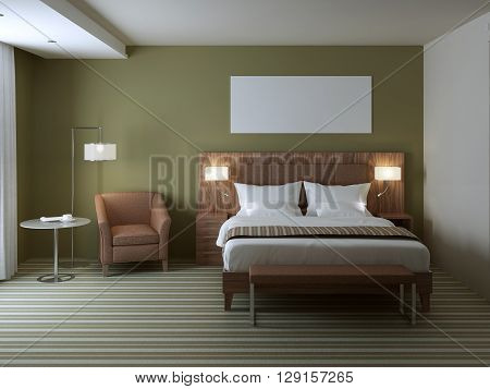 Stylish bedroom interior design with brown patterned chair and bed. White pillows on bed and decorative floor lamp. 3D render