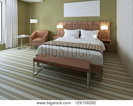 Beautiful double bed in olive bedroom. Luxuriant bed with stylysh wooden bedhead with two sconces. Bench in bedroom. 3D render