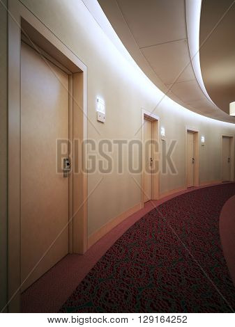 Bright contemporary hallway in round hotel complex. 3D render