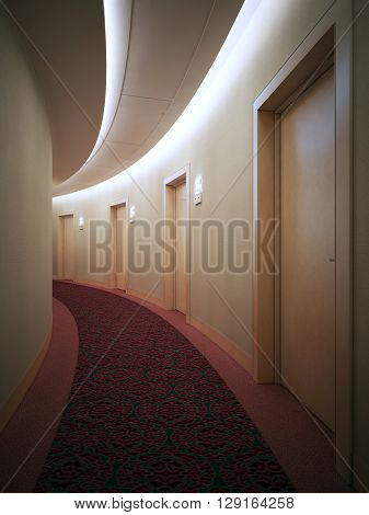 Interrior of bright hotel complex corridor. Art deco styled round hall with doors. 3D render
