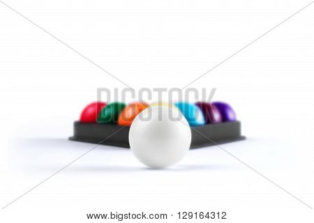 Billiard balls ready to break closeup 
on a white background