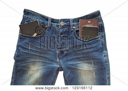 Jeans smart phone passport key note book for traveling concept