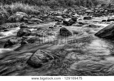 Beautiful Reshi River water flowing through stones and rocks at dawn Sikkim India. Reshi is one of the most famous rivers of Sikkim flowing through the state and serving water to many local people.
