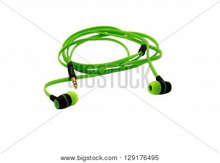 Pair of ear bud headphones on isolated white background.