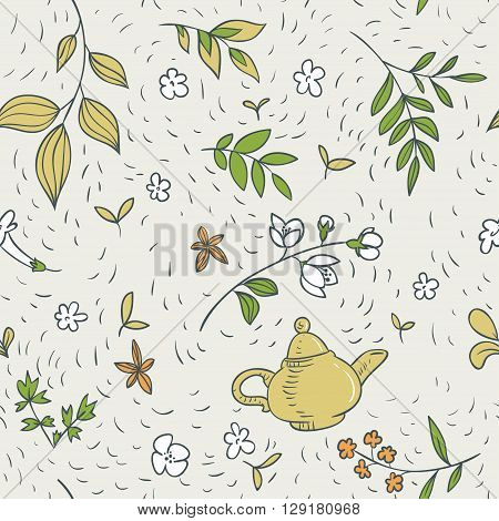 green tea and floral elements. seamless pattern