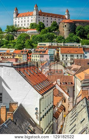 View on Bratislava castle and Bastova street with old houses from Michael's watch tower in Bratislava, Slovakia