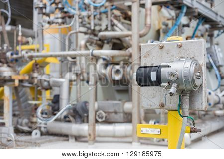 Gas detector point type installed near gas compressor bundle to detect gas leak and send alarm to oil and gas central control room