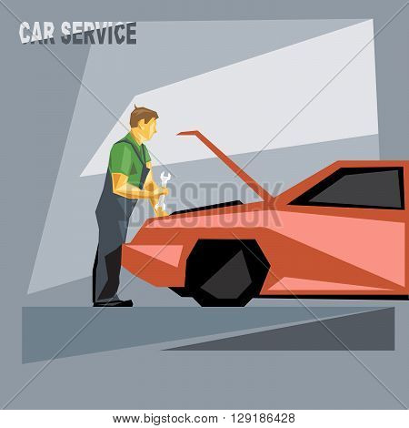 A mechanic in green and silver suit with tools fixing a red car in car service over silver background digital vector image