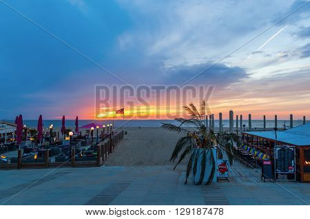 The Hague Netherlands - April 21 2016: beach bar at the beach of Scheveningen. Scheveningen is a district of The Hague and is famous for its long beach esplanade and pier