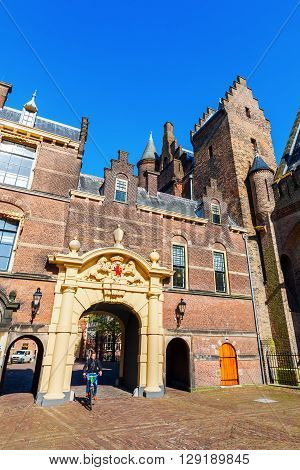 The Hague Netherlands - April 21 2016: Binnenhof with unidentified people. Since 1446 there meeting the parliament. The Binnenhof is the oldest House of Parliament in the world still in use.