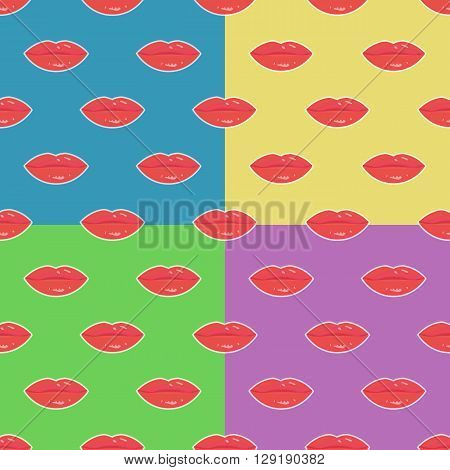 Sweet lips with red lipstick seamless pattern. Beautiful woman lips with red lipstick and gloss. Sweet and sexy lips make-up. Vector pop-art seamless pattern. Set of patterns with woman lips.