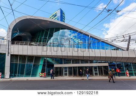 Arnhem Netherlands - April 19 2016: Arnhem Centraal railw station with unidentified people. After reconstruction it was reopened 2015. The new design was by UNStudio that won an architecture price