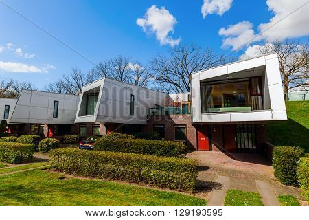 Hilversum Netherlands - April 19 2016: sound barrier houses called The Cyclops. They are part of a sound proof embankment designed by NIO architects.