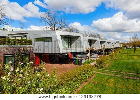 Hilversum Netherlands - April 19 2016: sound barrier houses called The Cyclops. They are part of a sound proof embankment designed by NIO architects.