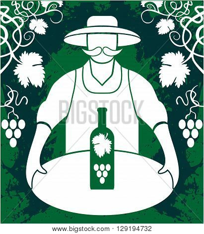 Winemaker with wine bottle grapes bunch isolated on greenbackground