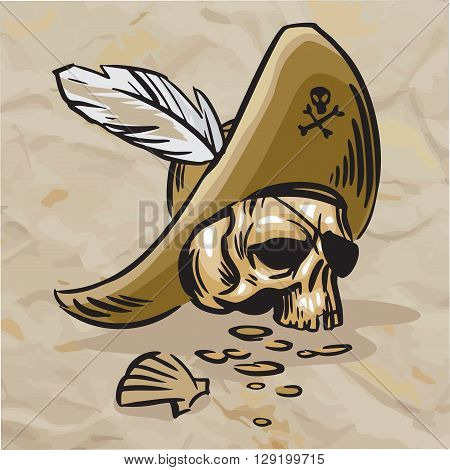 Skull in the hat with a white feather