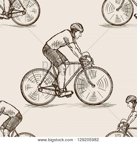 Bicycle racer man sketch style seamless pattern vector illustration. Old hand drawn engraving imitation.