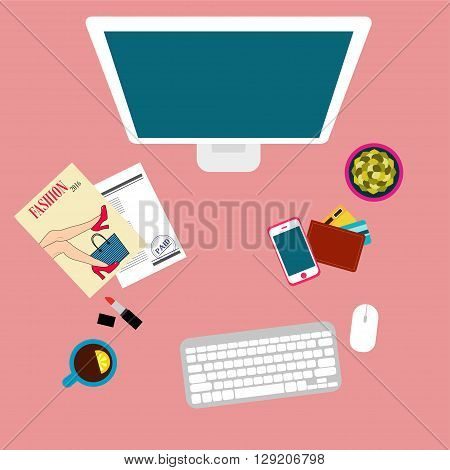 Girl workplace. Top view. Computer, fashion magazine, smartphone, wallet, lipstick, tea, succulent. Pink background. Flat design