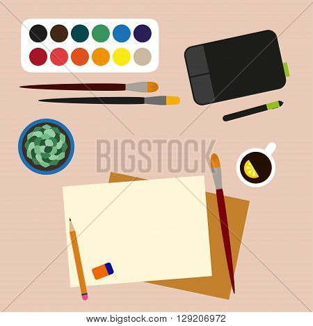 Artist workplace top view. Watercolor, brush, pencil and eraser, paper, graphic tablet, cup of tea and flower in a pot. Modern artist workplace. Flat design