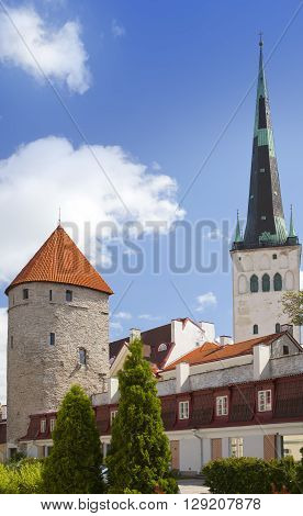 Medieval towers - part of the city wall and St Olaf (Oleviste) Church. Tallinn Estonia