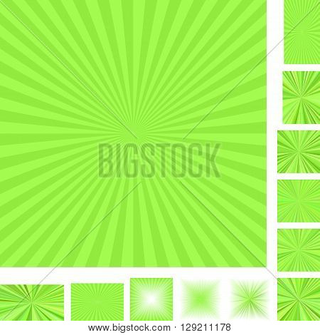 Retro light green vector ray burst design background set. Different color, gradient, screen, paper size versions.