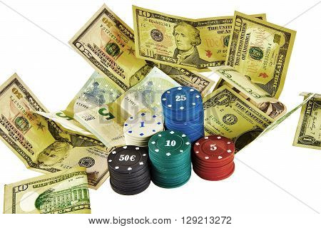 The chips of different values for casino games and banknotes of different denomination