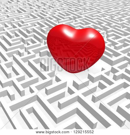 Red heart into labyrinth. (3D render illustration).