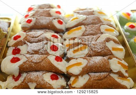 Sicilian Cannoli With Custard And Cherries Or Candied Fruit