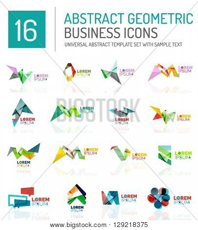 Abstract geometric business logo icon set. Colorful geometrical figure compositions with light effects - triangles circles rings arrows lines