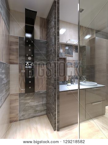 Minimalist shower separated from bathroom. 3D render