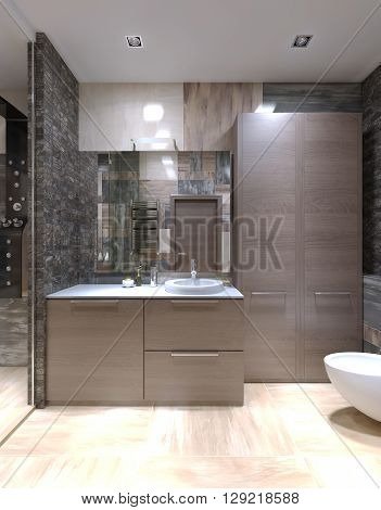 Light brown furniture in strange bathroom. High ceiling with halogen lamps mixed tile on walls and separated shower with glass door. 3D render