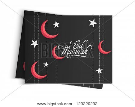 Red crescent Moon and white Stars decorated greeting card with envelope for Muslim Community Festival, Eid Mubarak celebration.