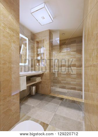 Contemporary design of bathroom. Decor concept. Tiled walls flooring. Glass doors to shower. 3D render