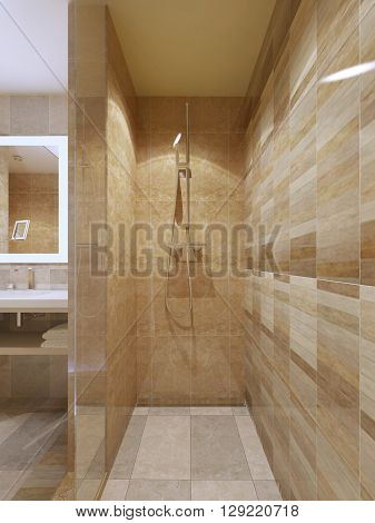 High-tech shower in bathroom with marble tile walls glass doors. 3D render