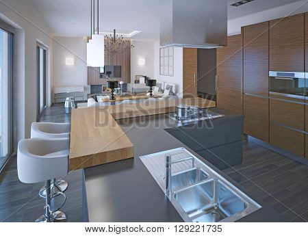 Neoclassical kitchen design with bar. Mixed wooden and stone countertop gas stove. Brown zebrano cabinets. 3D render