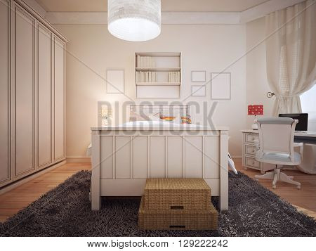 Bright bedchamber art deco style. 3D render