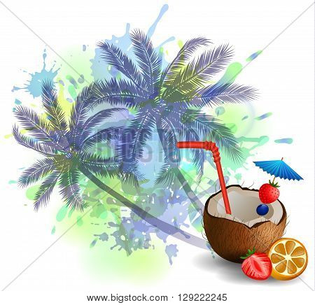 Exotic coconut cocktail isolated on aabstract inkblot background with palms