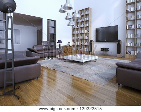 Spacious contemporary livin room with bookshelves. 3D render