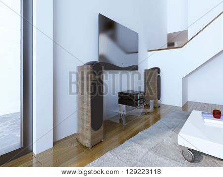 TV and sound system at modern living room. A wooden speakers with built-in subwoofer. 3D render