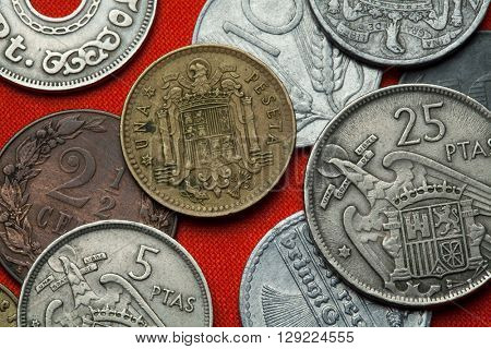 Coins of Spain under Franco. Coat of arms of Spain under Franco depicted in the Spanish one peseta coin (1966).