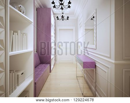 Contemporary corridor design. Entrance hall with cupboards a soft pink leather sofa console and large mirror. 3D render