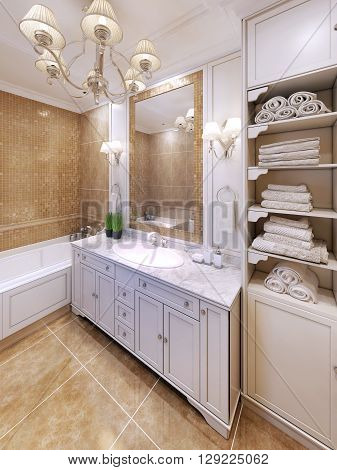 Interior of provence bathroom in beige colors. 3D render