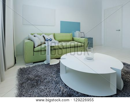 Spacious interior of kitsch living room. Room with white walls and light wood flooring. Green sofa with dark blue cabinet. White table and stand in the form of water lilies. 3D render